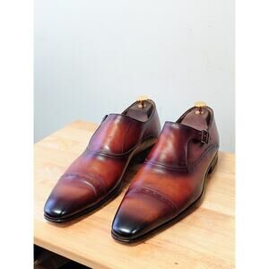 Magnanni Men’s Single Monk 12M Cognac & Black Burnished Leather Dress Shoes